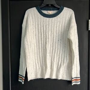 Hem & Thread Blue and White Crew Neck Sweater with Ribbed Knit